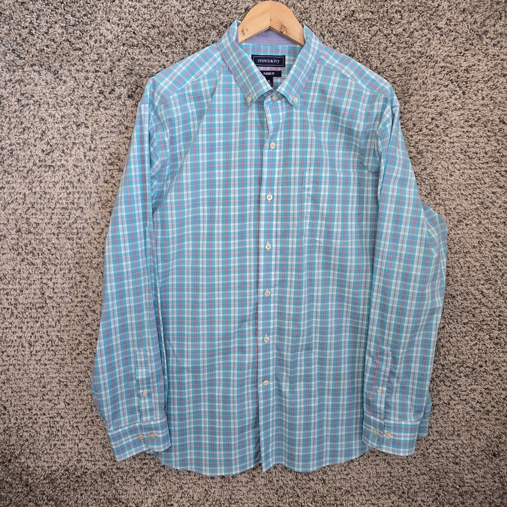 Crown & Ivy Shirt Mens XL Blue Plaid Button Down Classic Fit Stretch Cotton